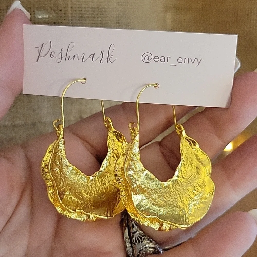 Anthropologie Hammered Gold Crescent Drop Earrings